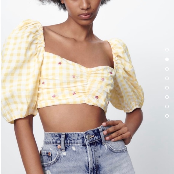 Zara Gingham Beaded Flower Backless Cropped Top Size XS NWT - Picture 2 of 8